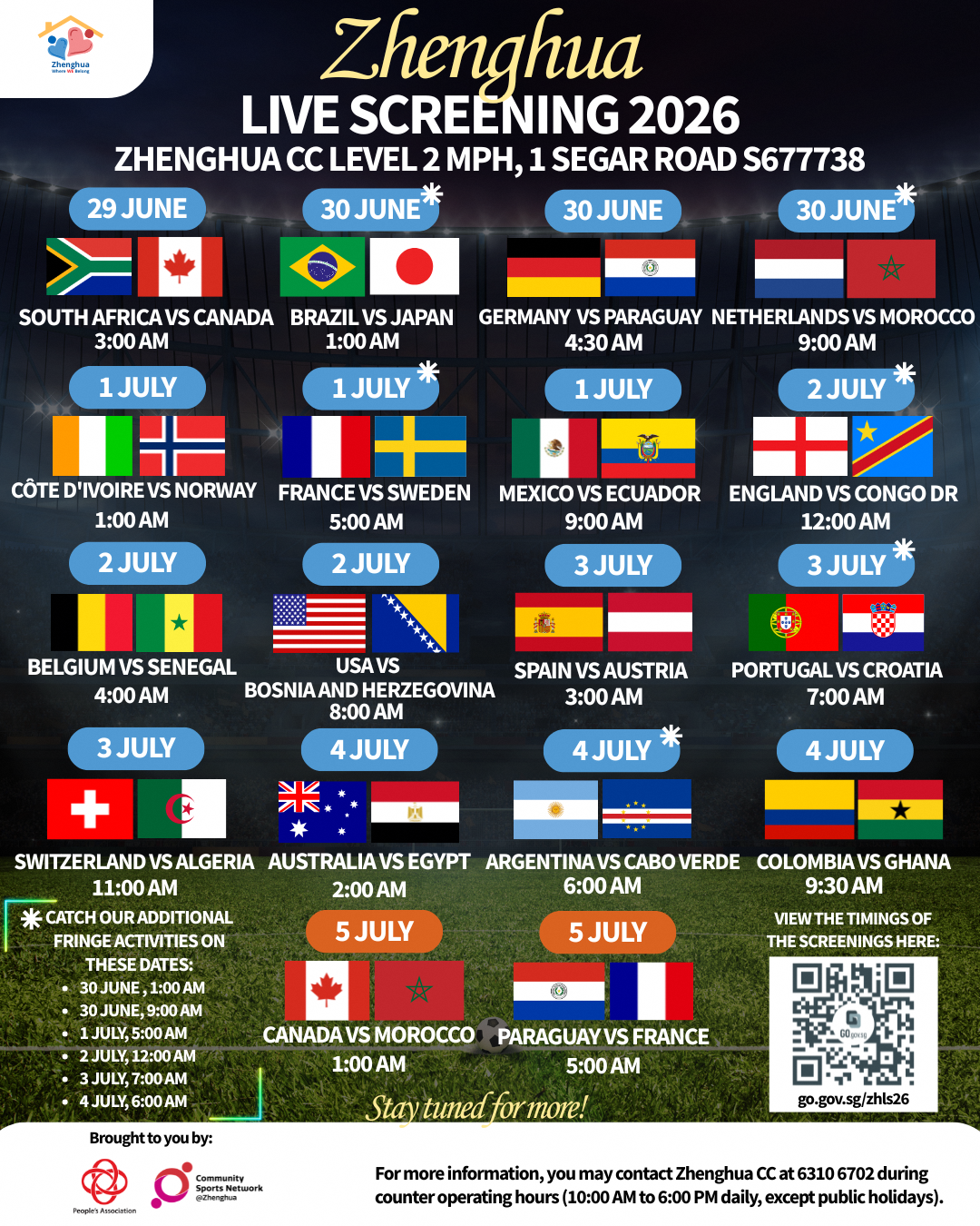The live screening schedule that showcases the matches from 29 June to 5 July 2026. 2026.